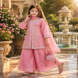 Girls Premium Embroidered Kurti Palazzo Set with Dupatta & Potli Bag